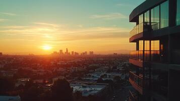 A stunning sunset view over a city skyline with modern architecture in the foreground photo