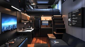 Modern compact kitchen and living space with a lofted bed and sleek design photo