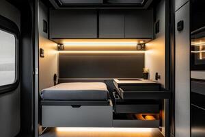 Modern compact living space with a bed, storage, and ambient lighting photo
