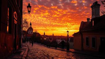 A picturesque sunset over a cobblestone street, highlighting historic architecture and ambiance photo
