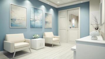 A modern waiting room with light colors and artwork, designed for comfort and relaxation photo