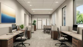 Modern office interior featuring workstations and plants for a collaborative environment photo
