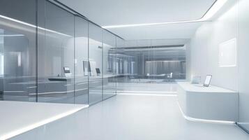 Modern office interior featuring glass walls and sleek design for a professional setting photo