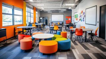 Modern classroom with colorful furniture and collaborative spaces for learning and interaction photo