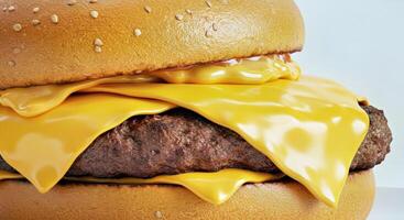 The Burger Patty Where It Meets and Melts into a Visually Amorphous Field of Bubbling Molten Cheese photo