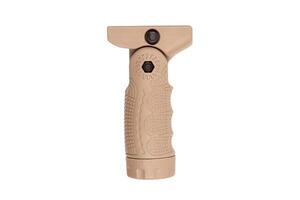 A compact vertical tan foregrip intended for rifles, displayed in a close-up shot on a neutral white backdrop. photo