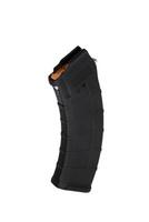 A robust black rifle magazine with an orange follower, highlighting its design and durability, isolated on a clean white backdrop. photo