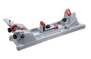 A firearm vise featuring adjustable clamps and sturdy supports, displayed against a clean white backdrop. photo