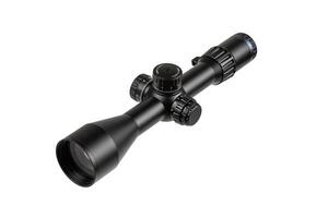 A modern black rifle scope with a wide objective lens and adjustable knobs, showcased against a clean white backdrop. photo