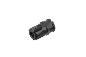 A black flash hider designed for secure attachment to firearm muzzles, built for tactical applications. photo