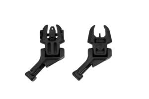 A set of lightweight black polymer sights with flip-up functionality for firearms. photo