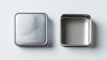 A sleek square tin box with a detachable lid, displayed in both open and closed positions against a clean white backdrop. photo