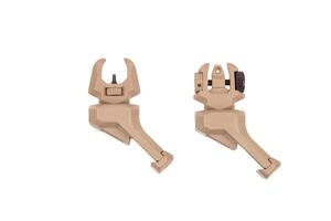 A set of tan polymer flip-up iron sights for firearms, neatly displayed against a clean white background. photo