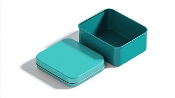 A modern teal metal storage box with rounded edges and a fitted lid, left slightly open, positioned on a white surface with subtle shading. photo