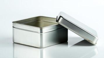 Vintage square metal tin box with lid, slightly rusty surface, empty and reflective, isolated on white back photo