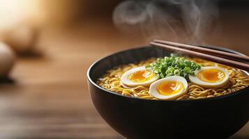 Steaming bowl of ramen with soft boiled eggs and chopped green onion on wooden table, copy space photo