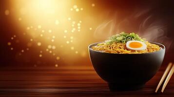 Steaming bowl of ramen noodles with chopsticks, sliced egg and chopped chives, copy space photo