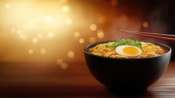 Bowl of ramen noodles with chopsticks, sliced egg and chopped chives on bokeh background, copy space photo