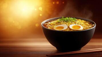 Steaming bowl of ramen noodles with chopsticks, sliced egg and chopped chives, with copy space photo