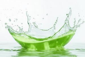 Fresh aloe vera leaves splashing in clear aloe vera juice, highlighting hydration, skincare, and natural wellness, isolated on white background photo