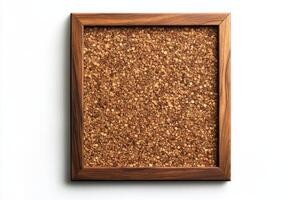 Square cork bulletin board with wooden frame for pinning notes and memos, isolated on transparent background photo