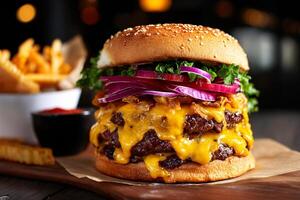 Layers of gooey cheese and crunchy toppings stacked high in a towering triple cheeseburger photo