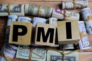 Concept word PMI on wooden blocks on a wooden table with dollar bills photo