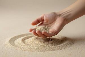 Hand holding beige sand with circular patterns in soft light showcasing texture and calm mood in minimalist macro style with natural zen inspired composition photo