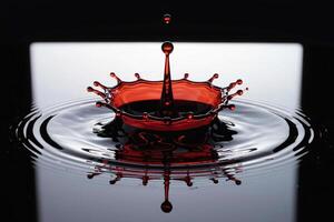 Red liquid splash and droplet over reflective black surface with ripple effect captured in macro photography with high contrast and minimal abstract style photo