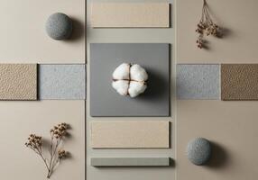 Minimalist flatlay of beige and gray tiles with cotton stone and dry florals in soft geometric composition featuring neutral tones and textured natural materials photo