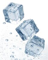 Three ice cubes are floating in water on white photo