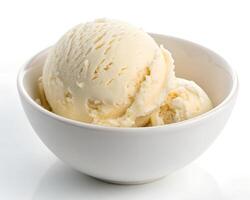 A bowl of ice cream with a scoop of vanilla ice cream. photo
