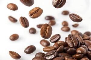 Coffee beans falling from a white background photo