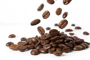 Coffee beans falling from the sky isolated photo