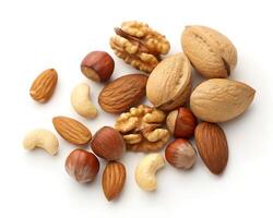 group of assorted nuts on white background isolated photo