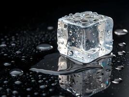 Melting ice cube on reflective surface isolated on black photo