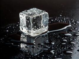 Melting ice cube on reflective surface. photo
