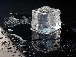 Melting ice cube on reflective surface on black background photo