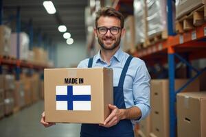 Businessman holding a box of goods and a Finland flag photo