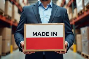 Businessman holding a box of goods and a Poland flag photo