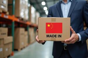 Businessman holding a box of goods and a Chinese national flag photo