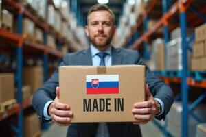 Businessman holding a box of goods and a Slovakia flag photo