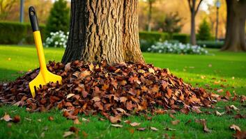 Autumn Leaves Piled by Tree with Rake photo