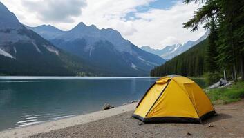 Yellow Tent by Serene Mountain Lake photo