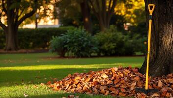Autumn Leaves Piled with Rake in Park photo