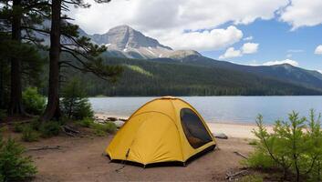 Yellow Tent by Mountain Lake in Scenic Forest photo