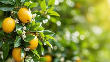 Lemon Tree Branch with Fresh Lemons and Blossoms photo