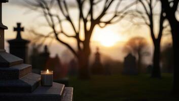 Candlelit Graveyard at Sunset with Silhouetted Trees photo