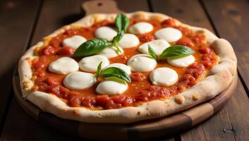 Classic Margherita Pizza with Fresh Basil Leaves photo