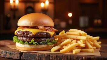 Delicious Cheeseburger with Fries in Cozy Setting photo